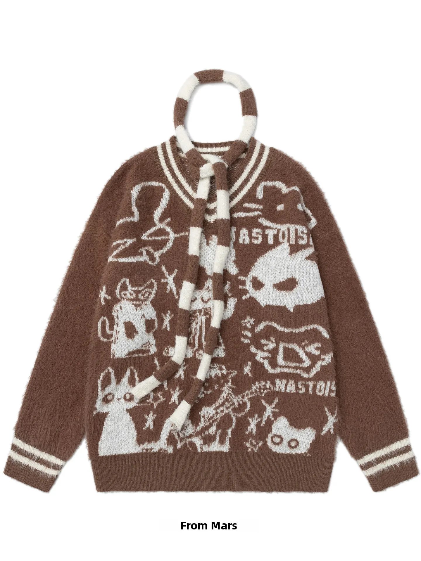 

Свитер свободного кроя с V-образным вырезом и шарфом в стиле колор-блок с мультяшным принтом для женщин, осенне-зимняя мода