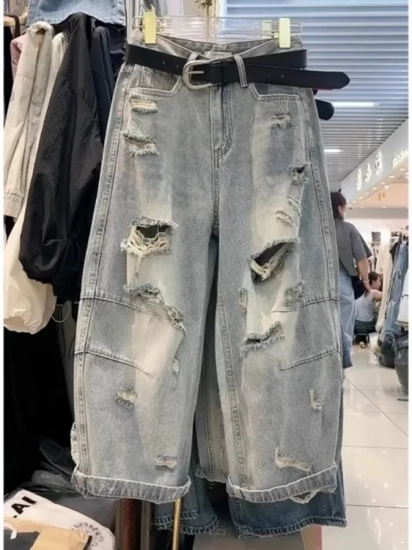 

Outlet Hole Denim Jeans Summer Vintage Versatile Eighteen Old Dad Pants High Waist Loose Fit Ladies plus Size Jeans