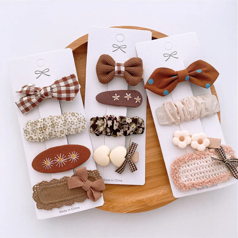 4pcs/set Korean Coffee Color Hair Pin Bow Knit Fabric Princess Hair Clips for Children Baby Girls Headwear Kids Hair Accessories