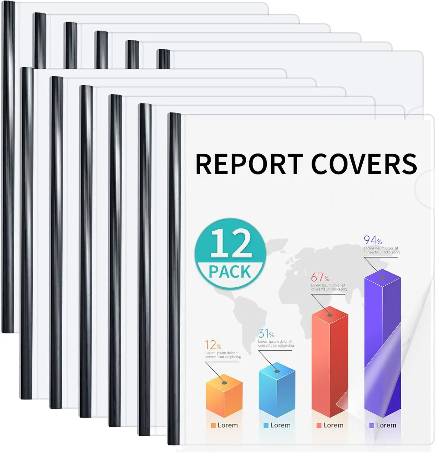 

Набор из 12 прозрачных обложек для отчетов с черными выдвижными планками, вместимостью 70 листов, формат Letter, для студентов и специалистов