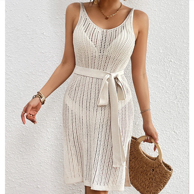 Knitting Sexy Hollow Lace Up Halter Beachwear Cover-Up Elegant Texture Side Slit Tunic Dress Damska plażowa sukienka przeciwsłoneczna na ramiączkach