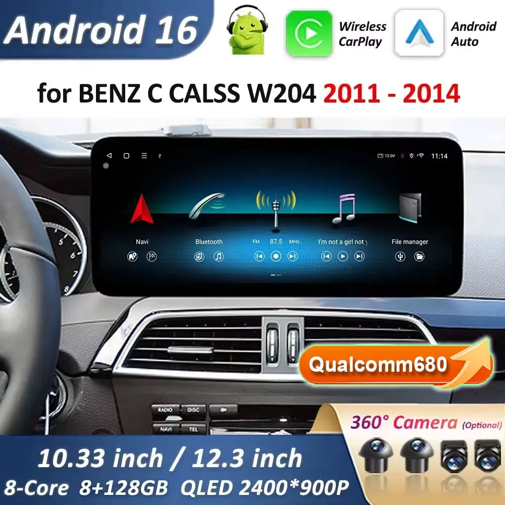 Android 16 Zubehör Auto-Multimedia-Radio und Ultra-dünner Bildschirm Carplay QLED für BENZ C-KLASSE W204 2011 - 2014 Navigation GPS