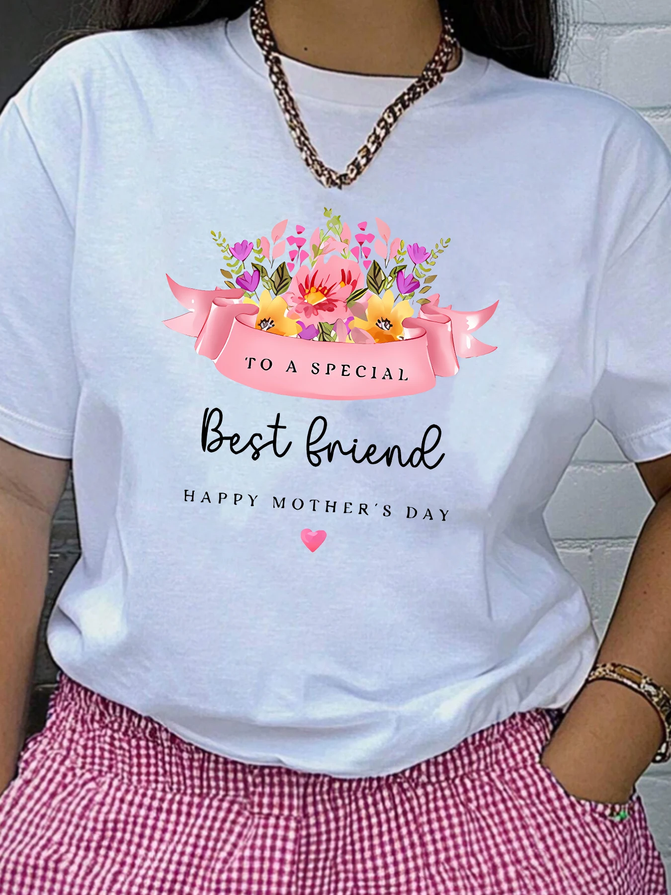 

BEST LRIEND HAPPY MOTHERS DAY Round Neck Plus Size Women T-Shirt Short Sleeve Trend Printing Elastic Half Sleeve T-Shirt