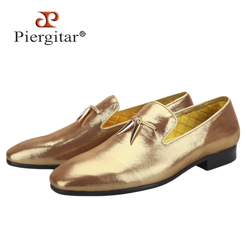 Piergitar Bright Gold Color Genuine Leather Men Loafers With Shark's Tooth Metal Buckle Tassel Handmade Slip-On Smoking Slippers