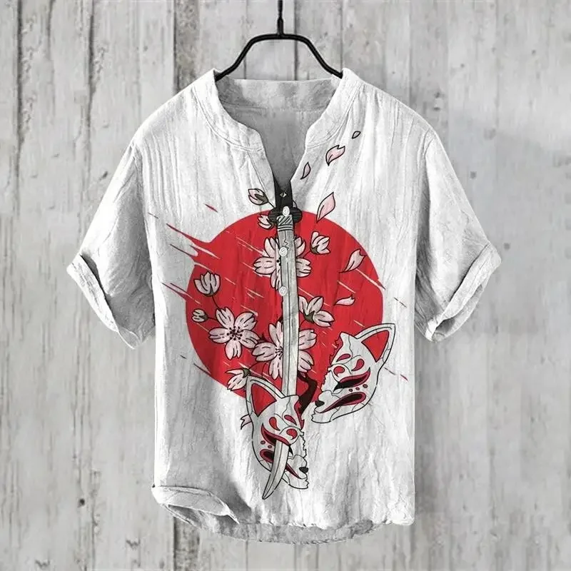 Camisa de manga curta grande masculina, estilo chinês fresco, Ocean Fish Series Print, três botões, verão, fábrica