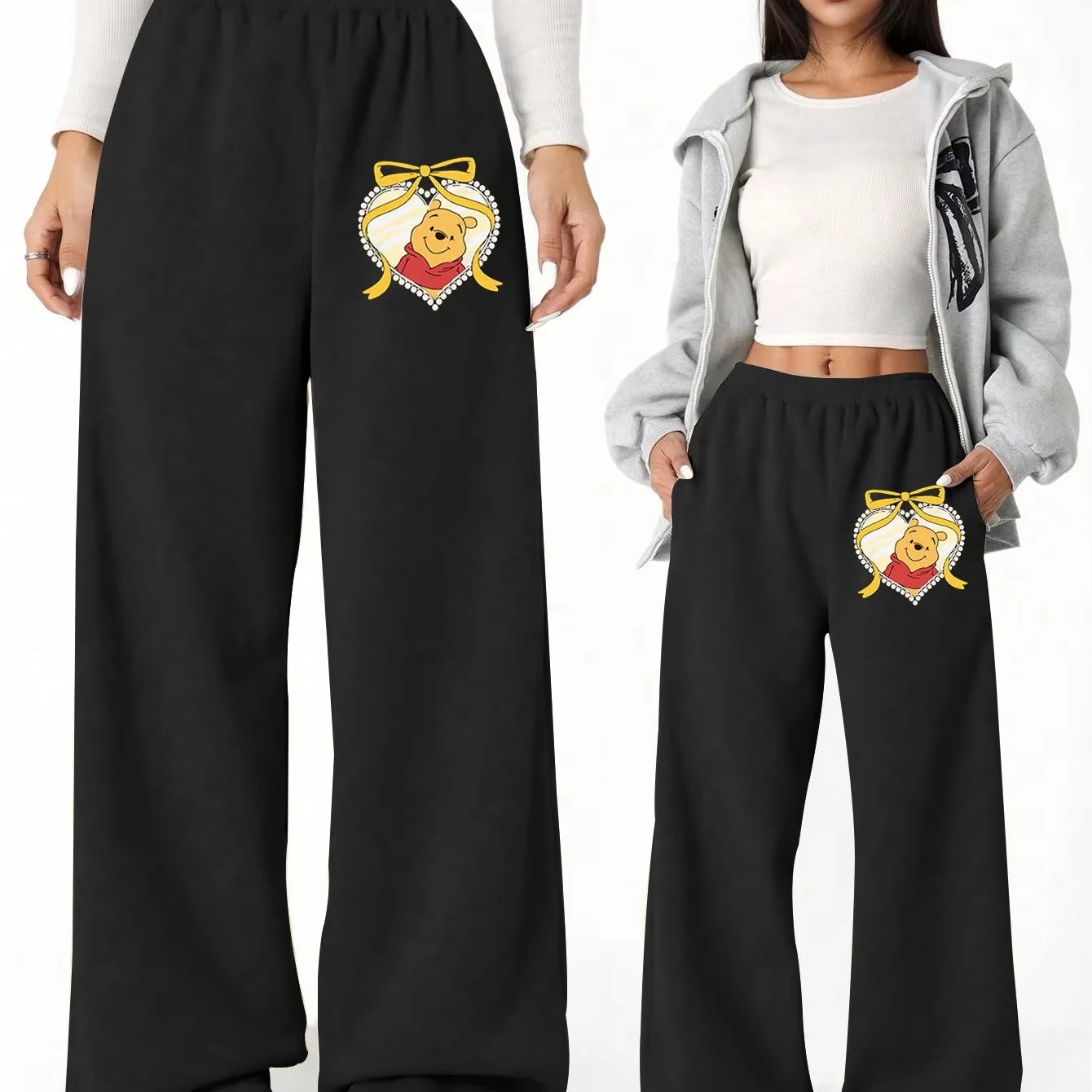 Women's Disney Winnie The Pooh Autumn Winter Casual Everyday Fleece Straight Leg Sweatpants Elastic Waistband Trendy  Oversized