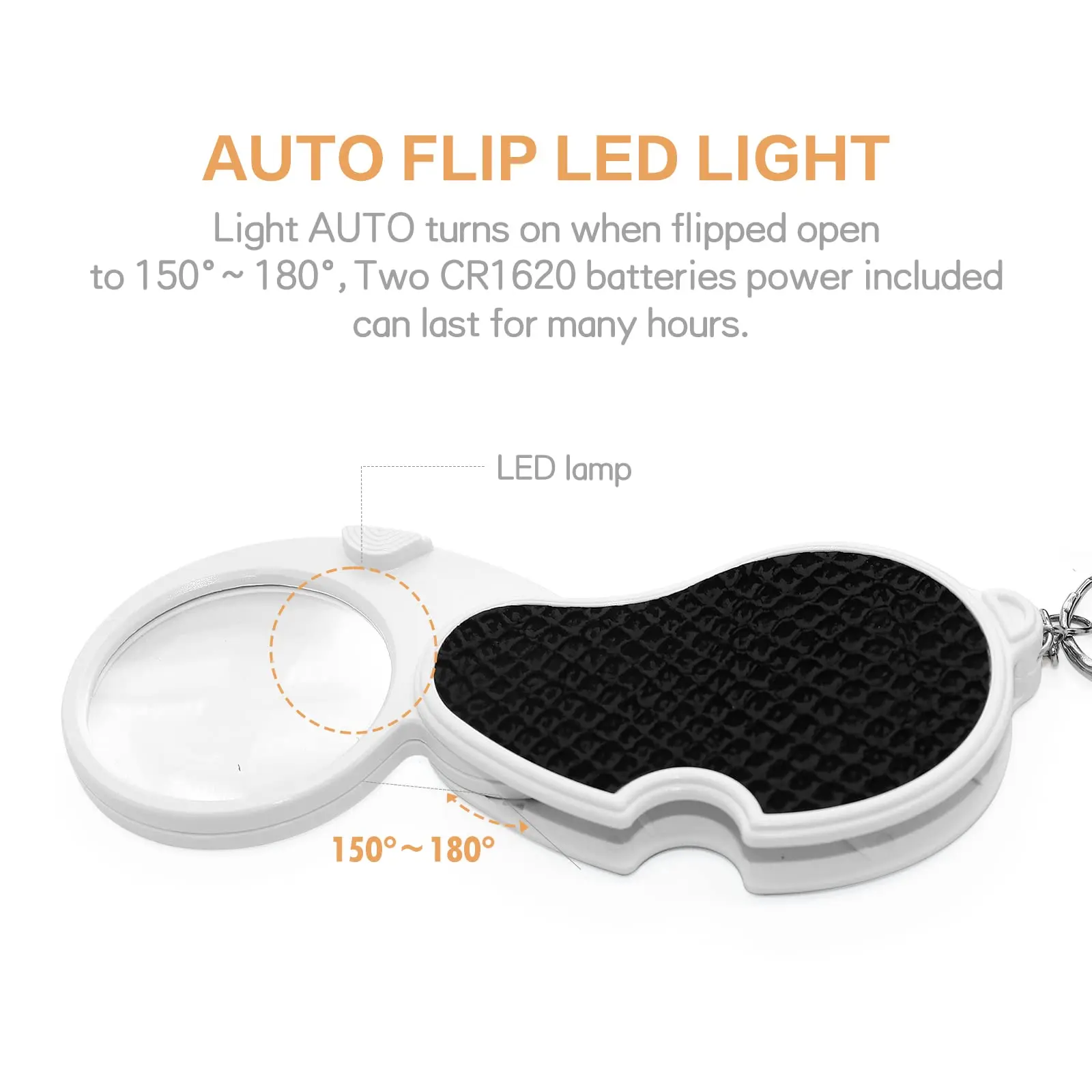 5X Handheld Pocket Magnifier with LED Light Folding Magnifying Glass Keychain 43mm Coins Jewelry Loupe Lens for Senior Reading