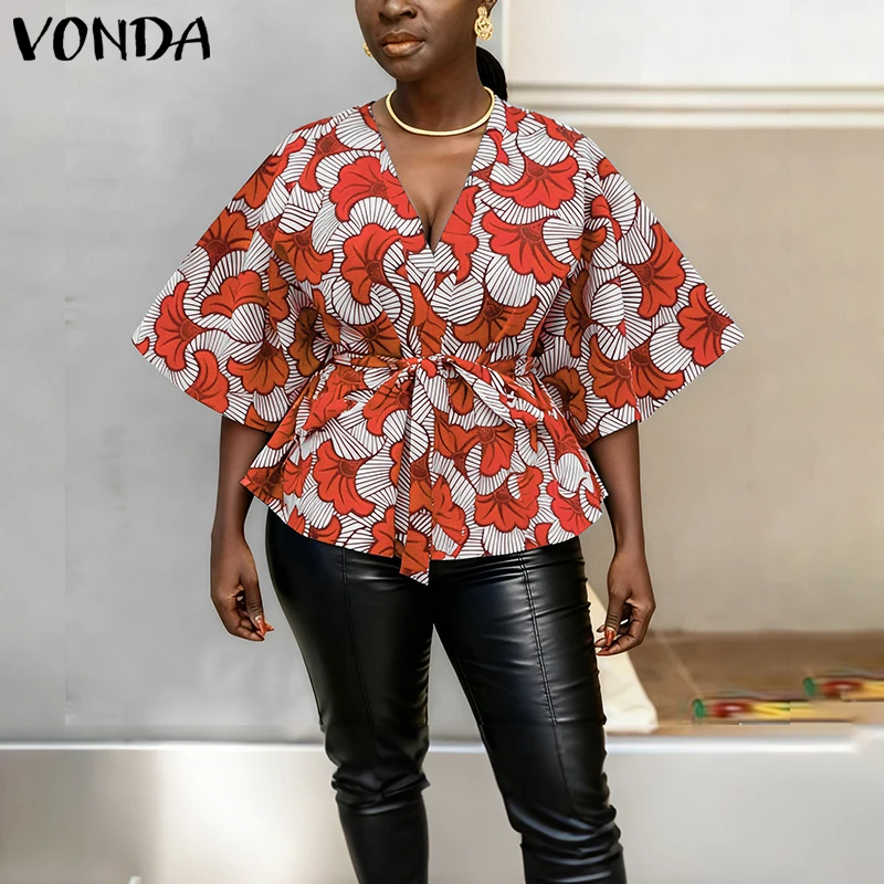 

Женская блузка VONDA больших размеров 5XL, сексуальная, с V-образным вырезом, с цветочным принтом, повседневная рубашка, лето 2026, рукав 3/4, с поясом, элегантный офисный топ
