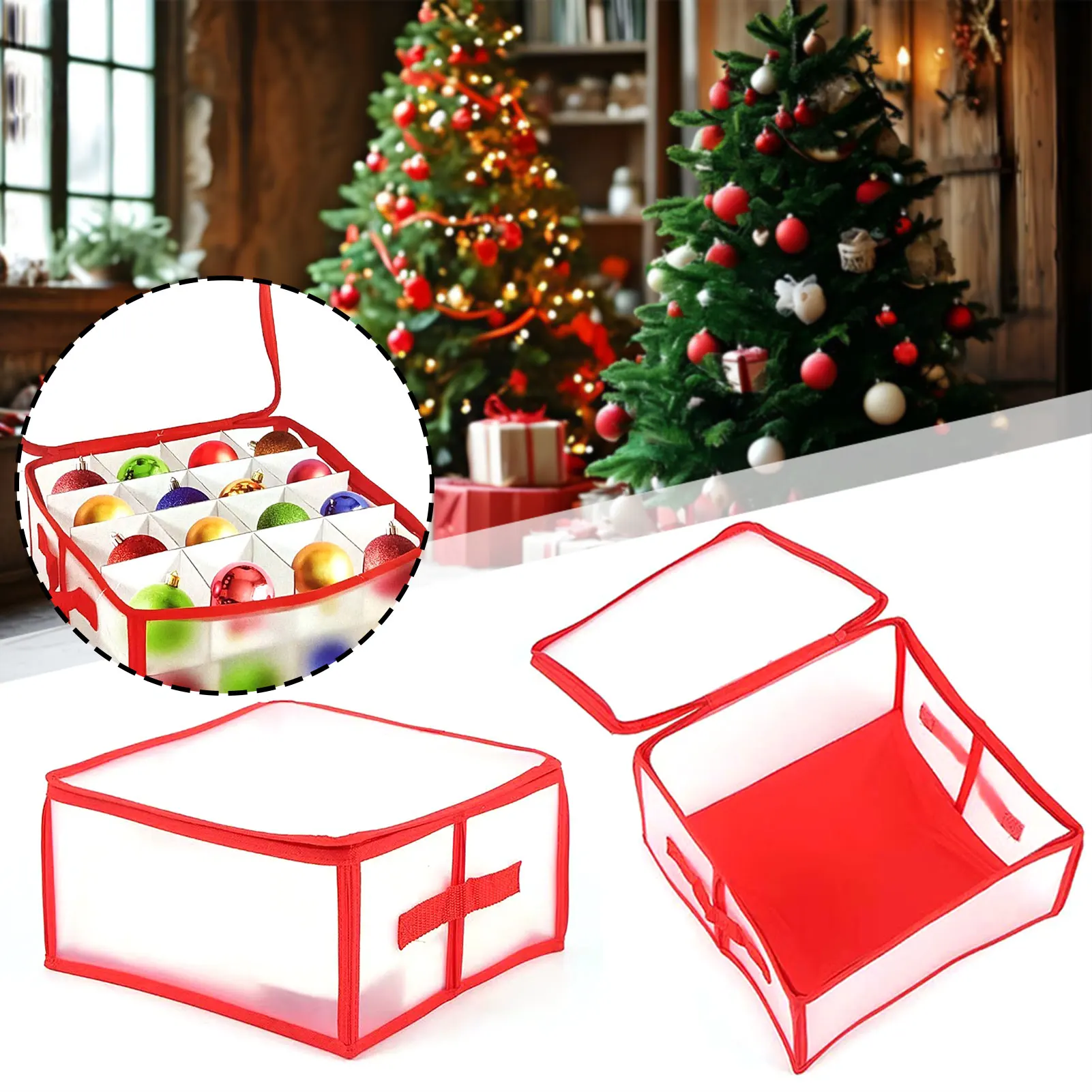 Red Plastic Ornament Storage Box Foldable Tree Decorations Baubles Ornament Storage Cubes for Home Organization