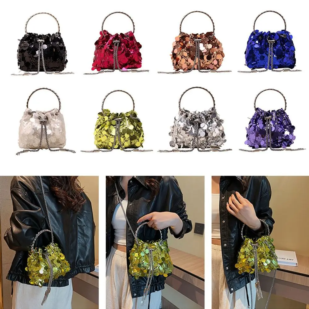 Mini Sequin Shoulder Bag Fashion Bucket Shiny Handbags Tassel Underarm Chain Crossbody Bags with Round Handle for Women Girl