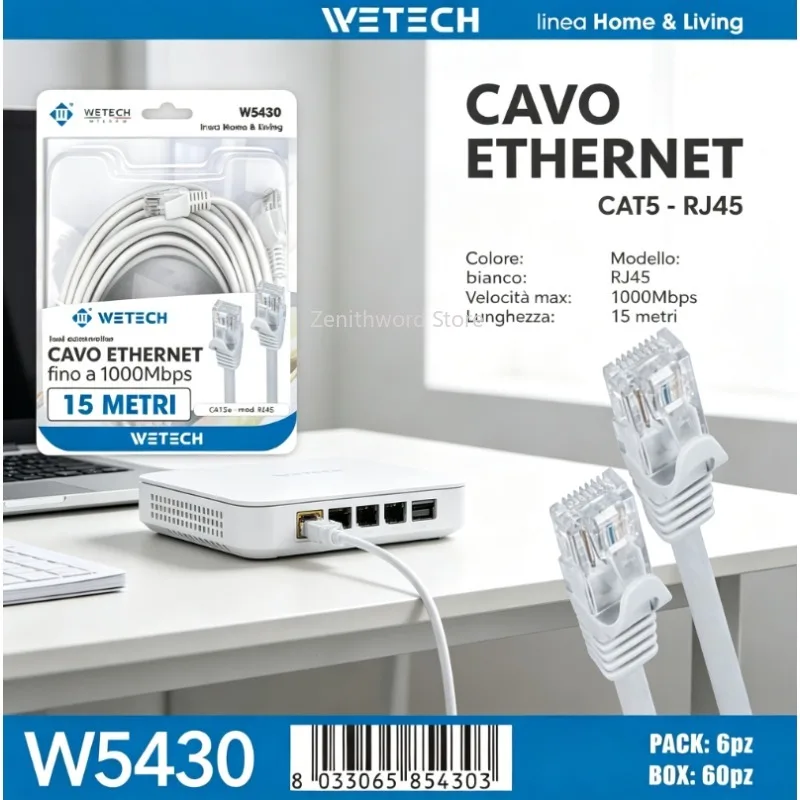 Cavo di rete CAT5e RJ45, 15 metri, cavo LAN bianco, cavo Internet ad alta velocità 1 Gbps per router, modem, switch, PC, laptop e giochi.