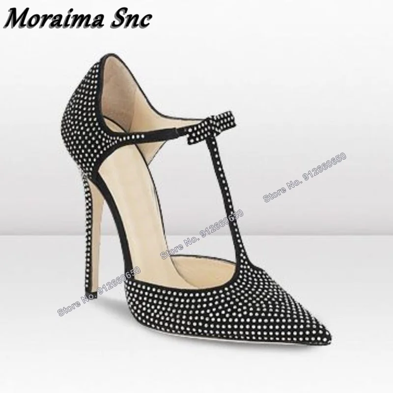 

Moraima Snc Bow Knot T Strap Crystal Sandals Pumps Black Women Stilettos High Heels Shoes Women Heels Cut Out Pointy Toe Sandals