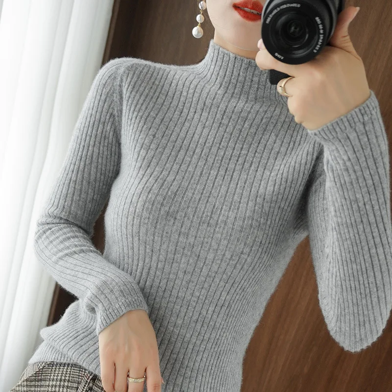 Half Turtleneck Sweater Women Autumn Winter Elegant Solid Color Stretch Slimming Pullovers Thicken Warm Soft Comfortable Jumpers