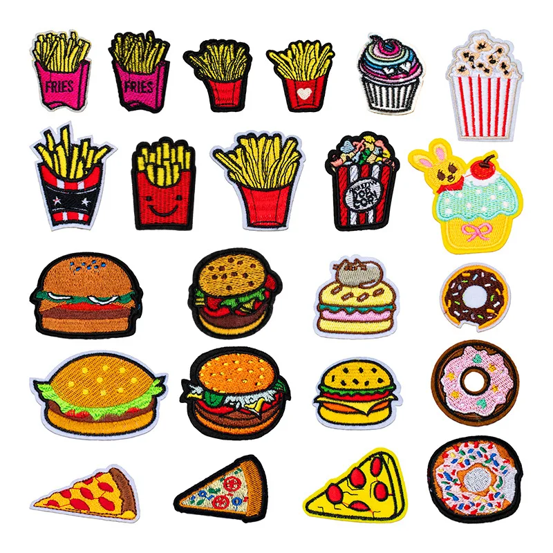 Fast Food Series Embroidered Cloth Appliques Hamburger Popcorn Fries Pizza Doughnut Delicious Snack Iron on Patches Wholesale