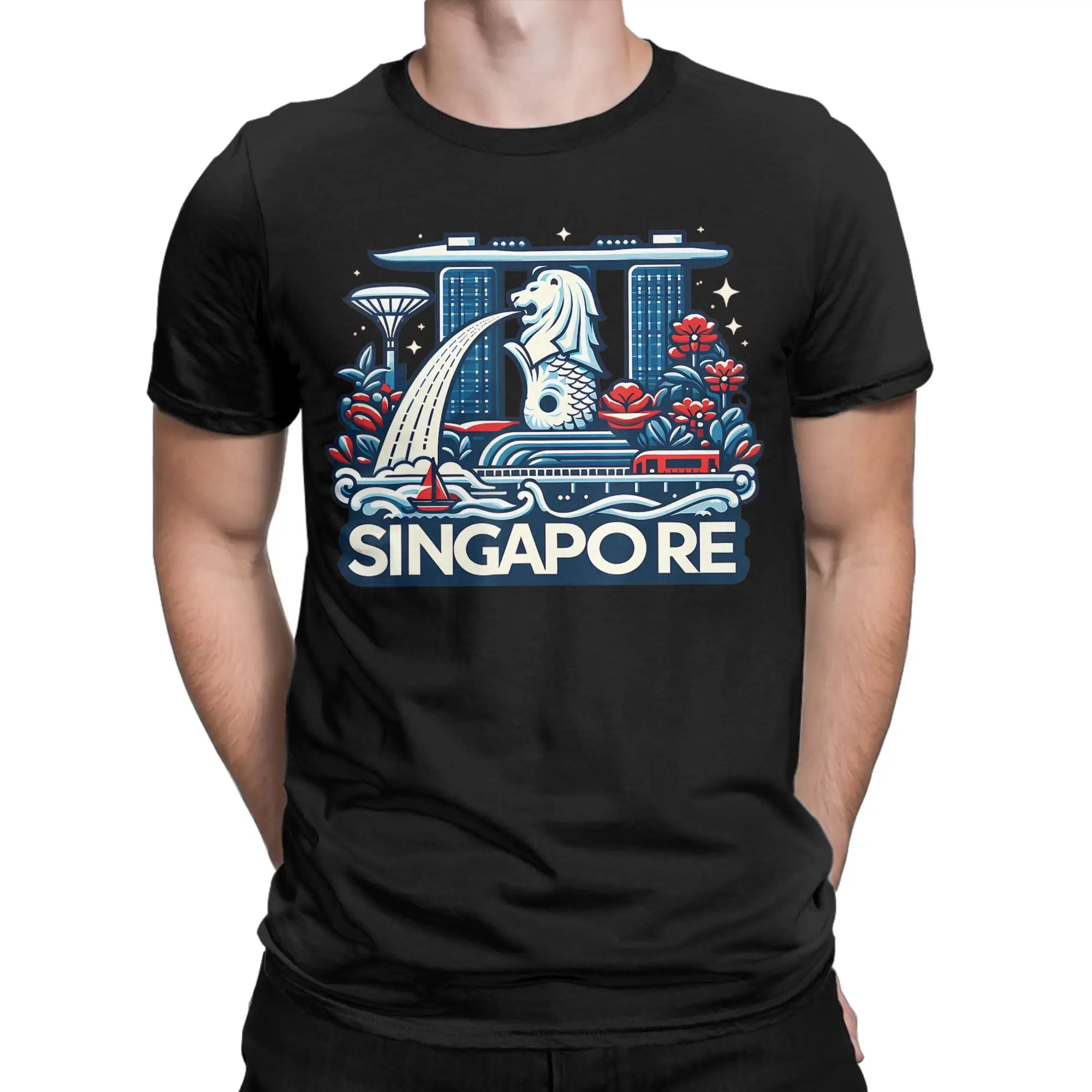 Singapore Marina Bay Sands Gardens by the Bay Merlion Statue T Shirts Men's  Pure Cotton Funny T-Shirts O Neck  Tee Shirt Gift