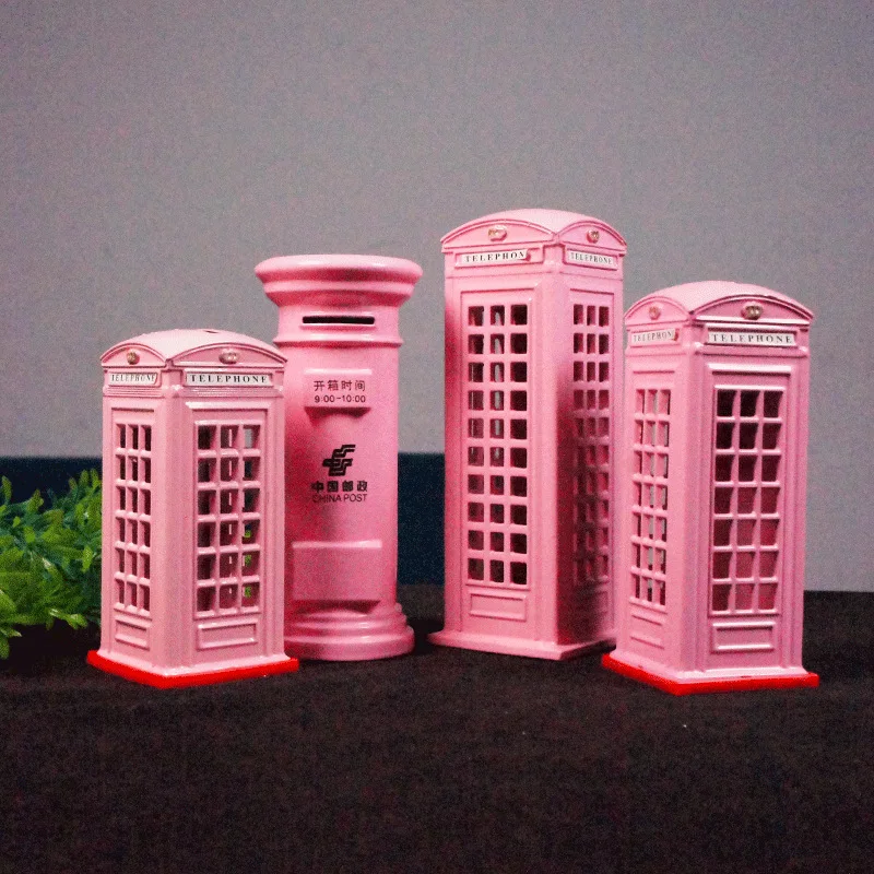 Pink Retro Mailbox Metal Money Bank Creative British Postal Iron Telephone Booth Model Ornament Home Decoration Children's Gifts