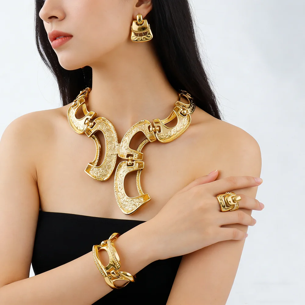 Neues Extravagantes Schmuckset Dubai Goldfarben Große Halskette Ohrringe Armband Ring Sets Brautschmuck 24k Vergoldeter Schmuck Geschenke – Detail 6