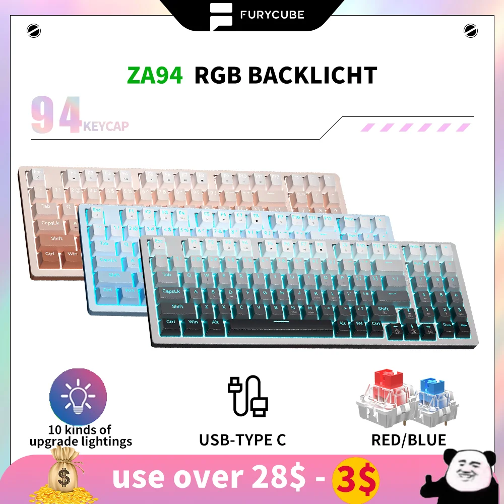 FURYCUBE-Teclado mecánico LED para juegos, teclado de 94 teclas de Color degradado ZA94, 90%, tamaño completo, interruptor de 3 pines, tecla PBT n-key Office