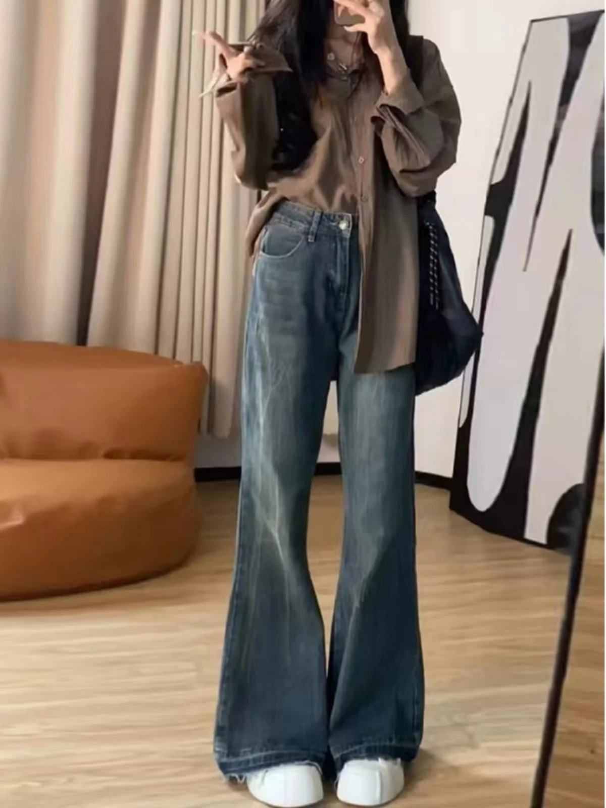 

High Waist Wide Leg Micro Flared Jeans Women Loose Fit Slimming Jeans Size Large Floor Length Trousers