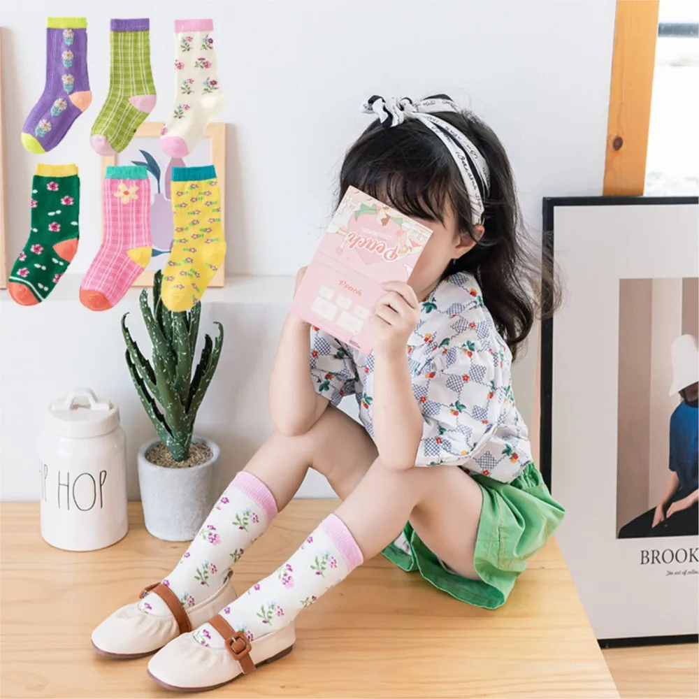 Children's socks lovely floral stockings girl fashion cartoon socks Toddler breathable cotton socks pink grid knee socks baby