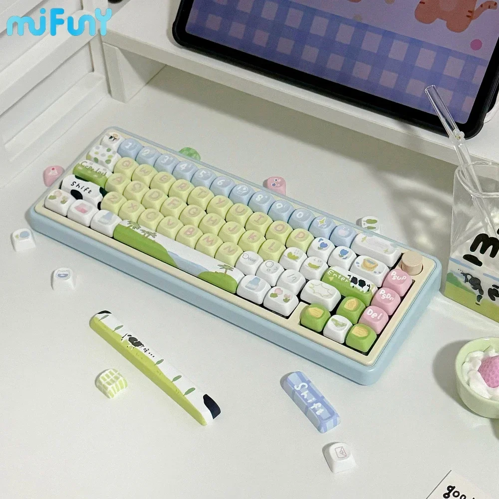 Imagem -03 - Niuniu Yeye Keycap Personalizado Bonito Vaca Anime Keycaps Moa Soa Pbt Conjunto Completo Kawaii Chave Boné Ergonômico para Teclados Mecânicos