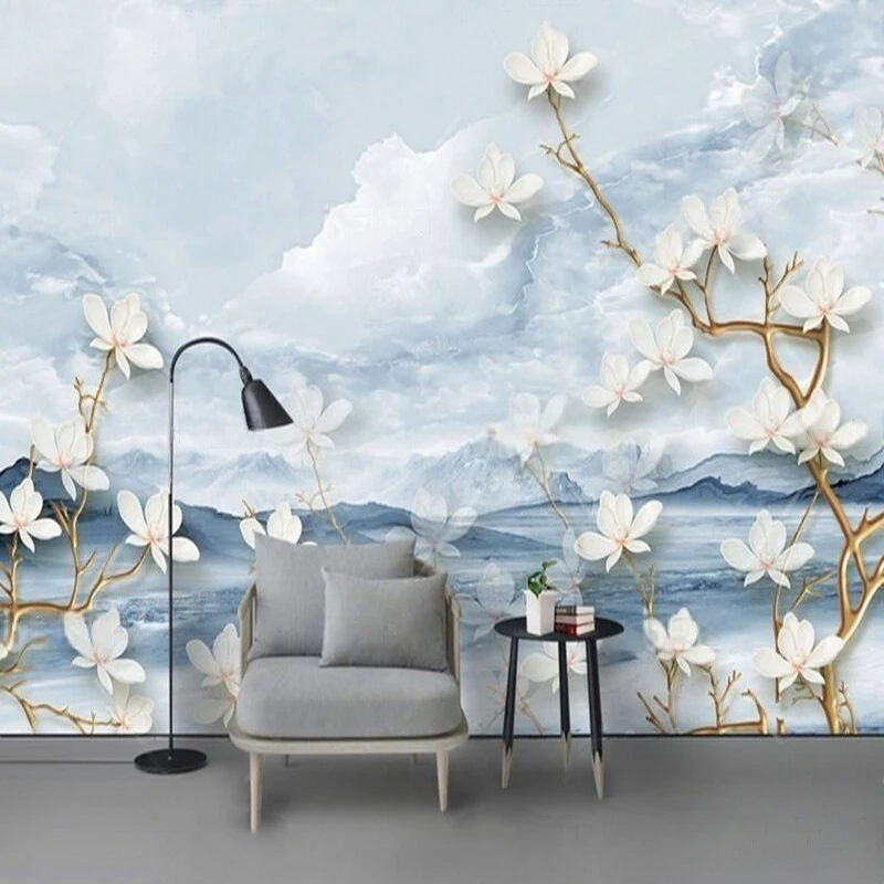 Modern and simple blue fresh sea flower branch relief TV luxurious home decoration background wall