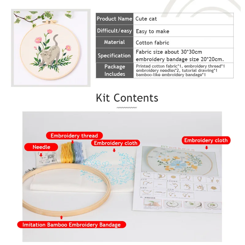DIY Embroidery Kit Cat Plant Printed Pattern Beginner Cross Stitch Set Needlework Hoop Handmade Sewing Hobby Kits