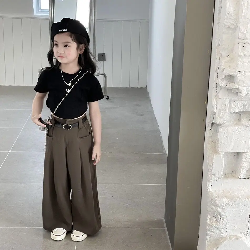 Girls Set Summer 2026 New Kids Girls Short Sleeve Blazer Pants Two Piece Set Baby T Shirt Stylish Summer Wear