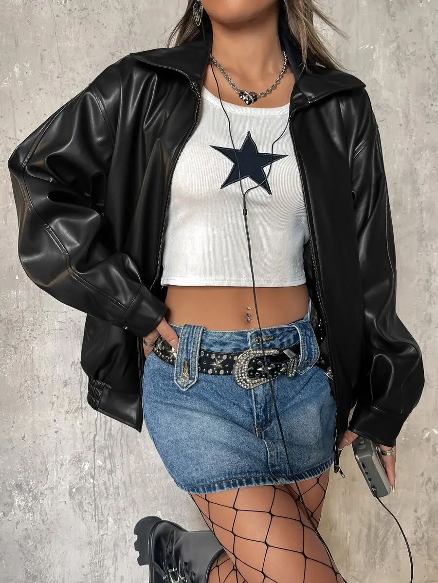 

Black PU Leather Drop Shoulder Zip-Up Jacket for Fall Winter