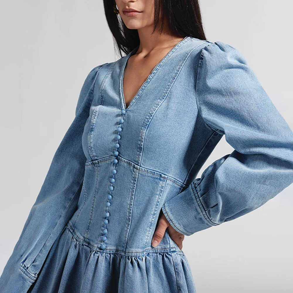 TWOTWINSTYLE Solid Minimalist Denim Dresses For Women V Neck Long Sleeve High Waist Spliced Ruffles Casual Dress Female Fashion