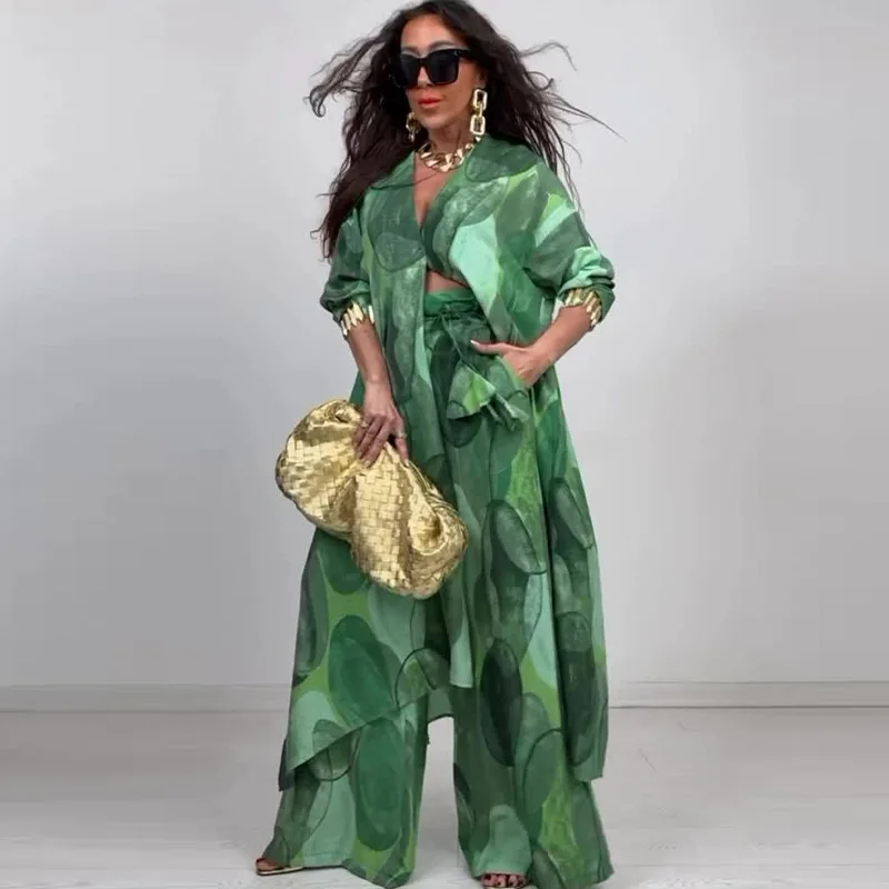 

Women Two Pieces Pant Sets Print Cardigan Long Shirts Loose V Neck Button Shirt Spliced Casual Wide Leg Pants Suits Lady