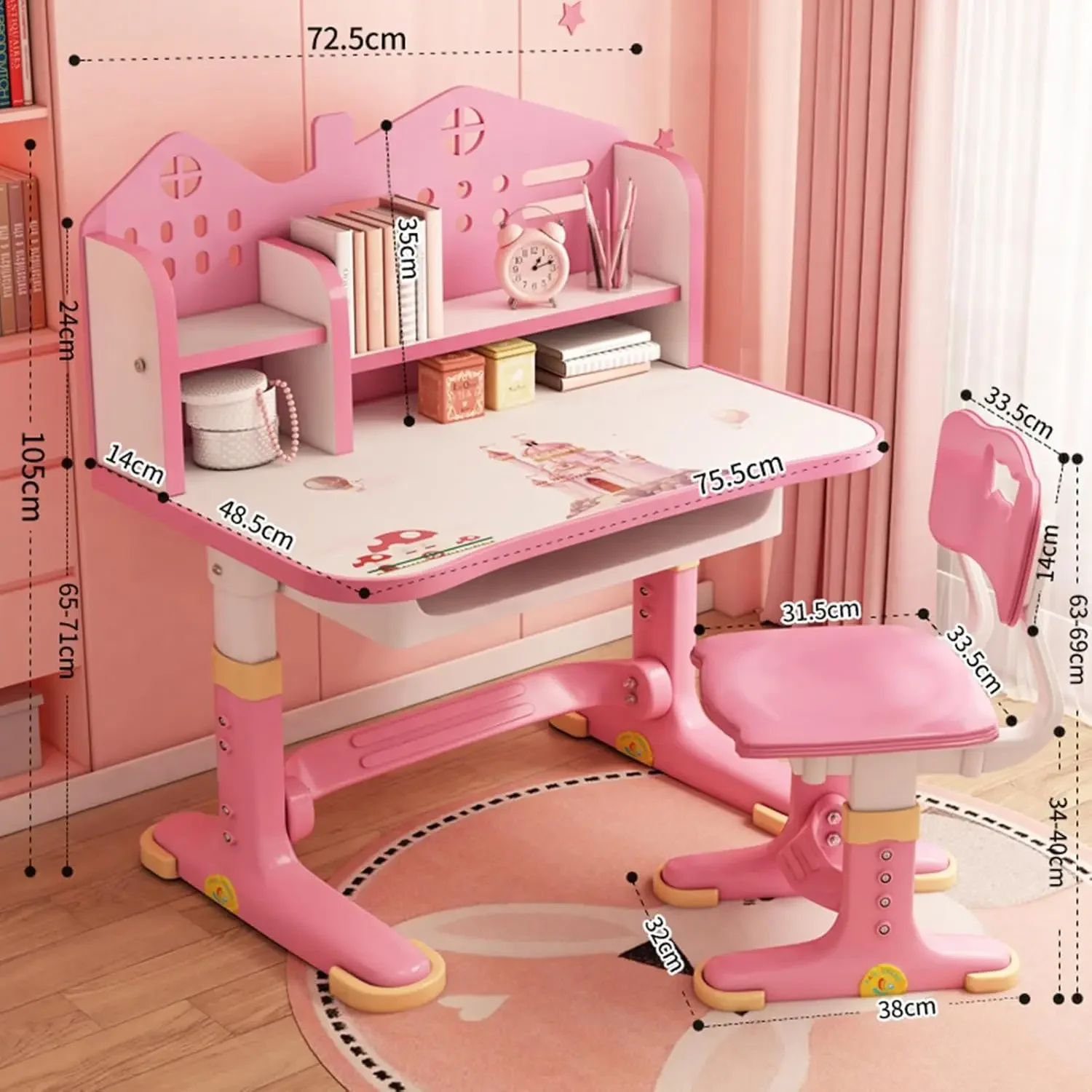 Kids Adjustable Study Desk & Chair Set w/Storage,Drawers,Bookshelf,Child Toddler Writing Homework Table,Little Girl Work Compute