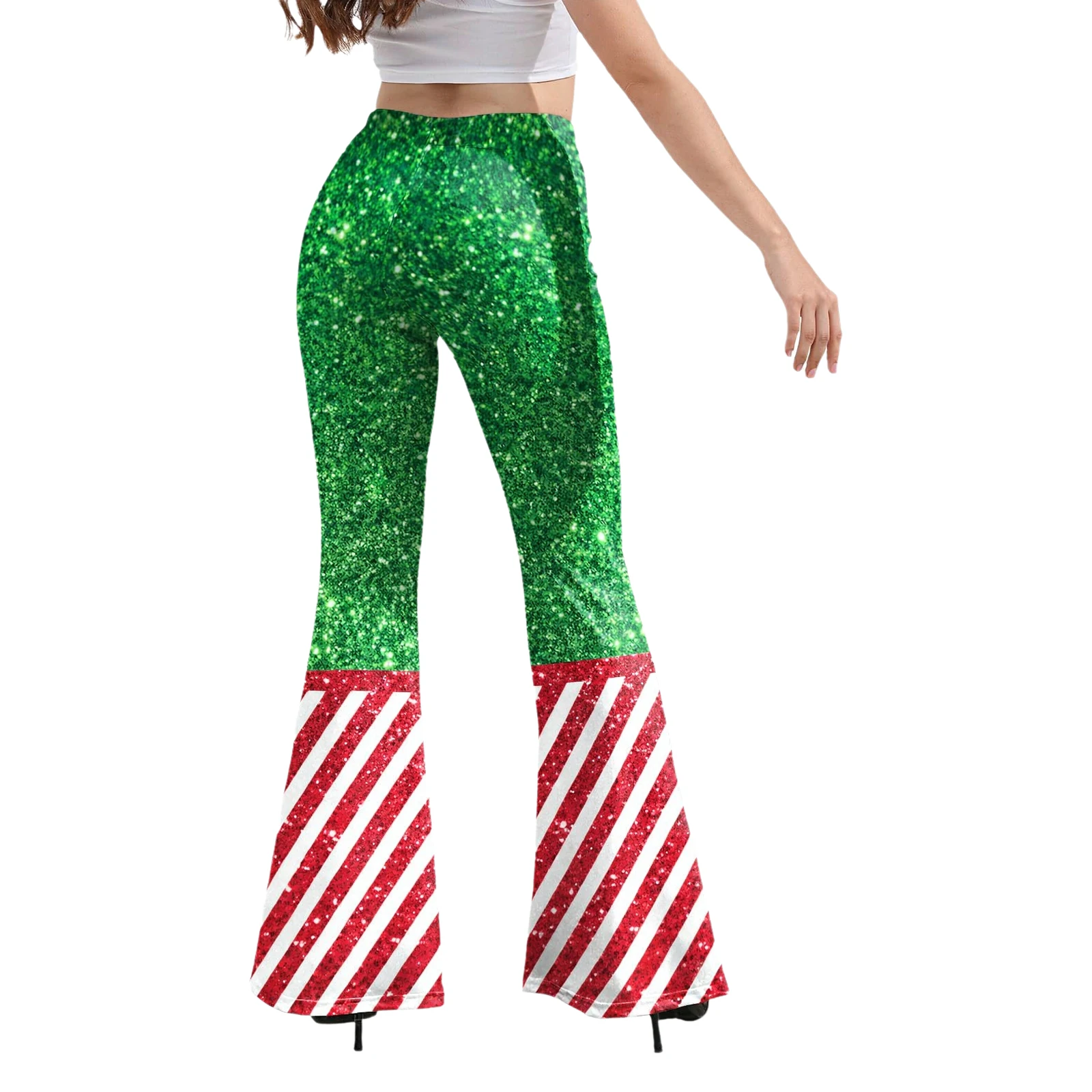Womens Christmas Striped Flared Pants High Waist Elastic Waistband Bell-bottom Trousers Jazz Dance Holiday Party Stage Costume