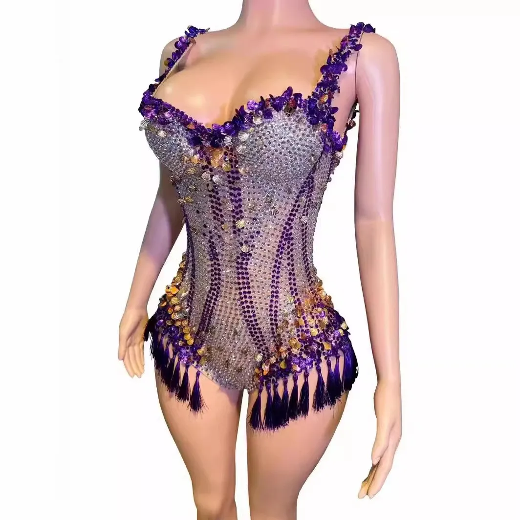 Luxury Diamonds Purple Sequins Tassels Sexy Bodysuit Evening Party Performance Costume Nightclub Singer Dancer Star Stage Wear