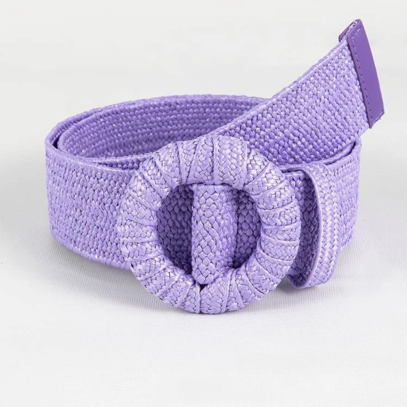 

Bohemian Style Hand-woven Purple and White Round Buckle Women Belts Designer Woven Elastic PP Straw Grass Girls Waistband