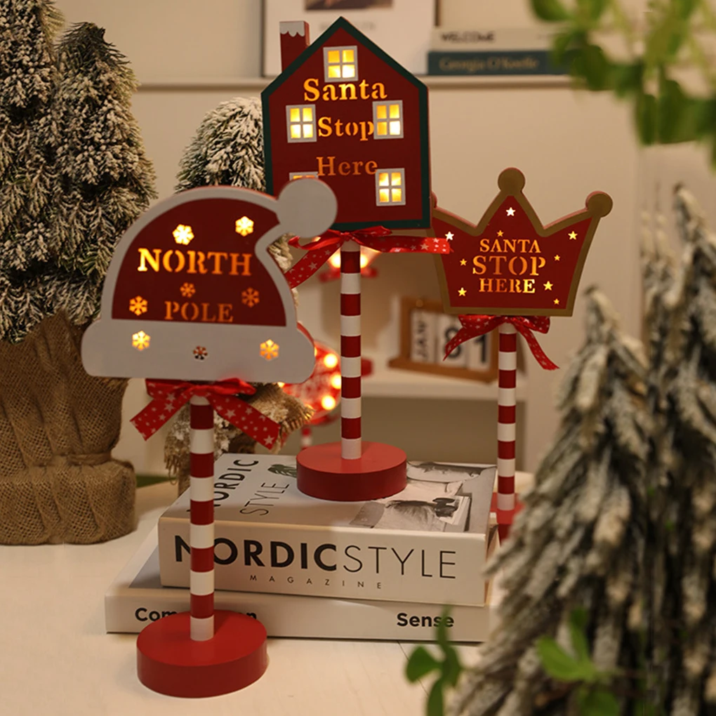 Christmas Retro Lamp North Pole Sign LED Light Santa Stop Here Street Sign Xmas Wooden Desktop Decoration Xmas Decor