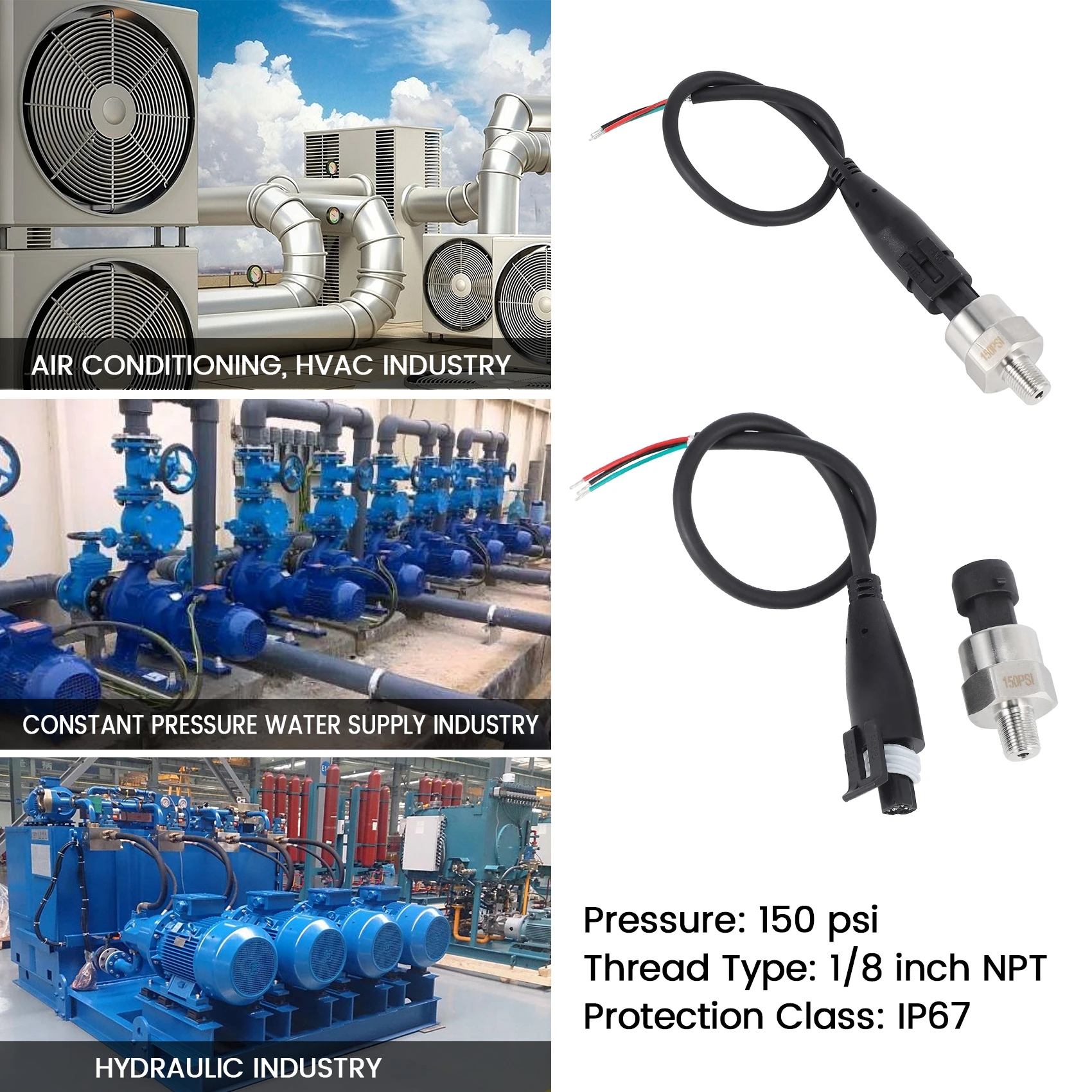 THIVN-0-150 PSI Pressure Sensor Oil Fuel Air Water Pressure Transducer Pressure Sender Gauge DC 5V 1/8 Inch NPT Thread