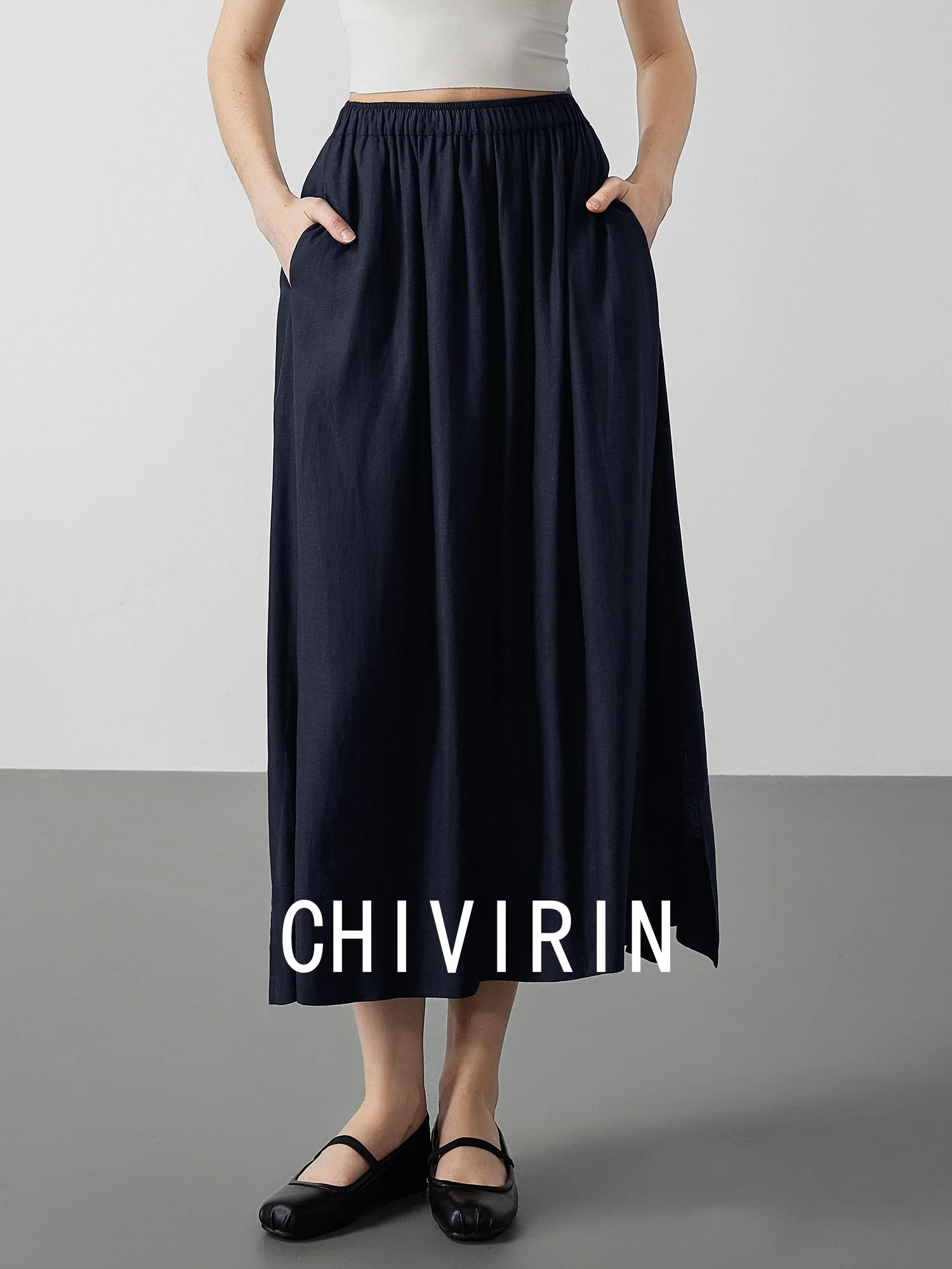 

Льняная юбка Chivirin с высокой талией и драпировкой, женская, для повседневной носки, А-силуэт, длинная, комфортная, дышащая, с подкладкой