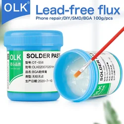 OLK-pasta de soldadura SMD BGA sin plomo, pasta de soldadura sin halógeno, sin limpieza, reparación de teléfonos, colofonia, aceite de soldadura, 100g