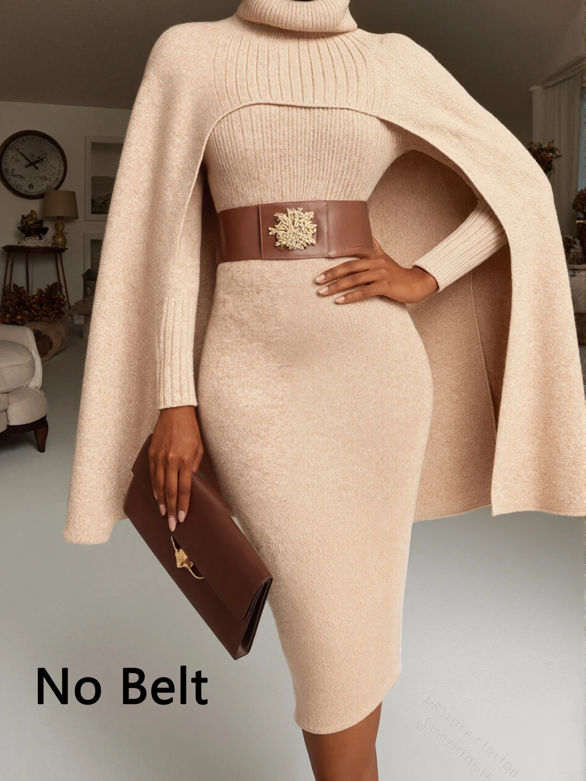 

Autumn Winter Elegant Knitted Turtleneck Cape Long Dress Suit A-line Women Party Dress Skirt Slim Evening Temperament Vacation