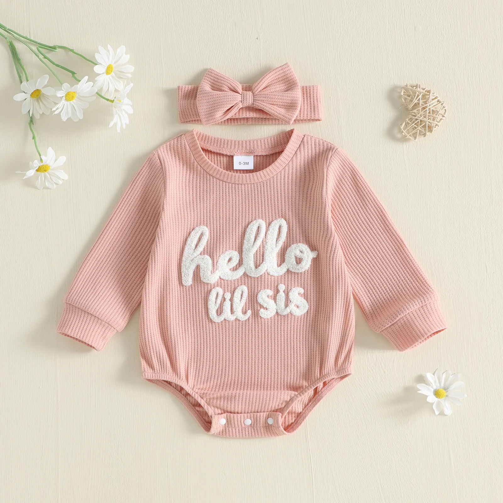 Newborn Girl Fall Waffle Bodysuits Outfit Long Sleeve Crew Neck Letters Romper with Hairband