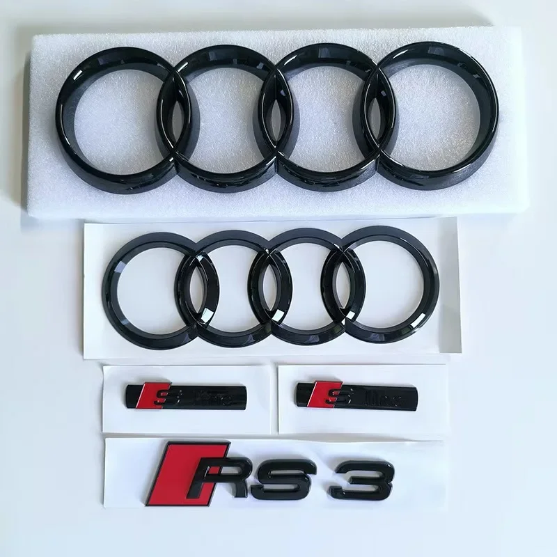 AUDI RS3 2016-2020 Sline Emblem 4-Ring logo ABS Black Silver Car Hood Front Grill Emblem Rear Trunk Badge Sticker