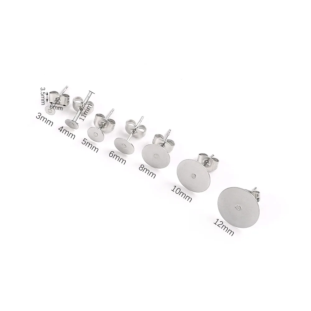 50pcs 3-12mm Stainless Steel Earring Studs Blank Post Base Pins With Earring Stoppers Back Plug DIY Earrings Jewelry Findings