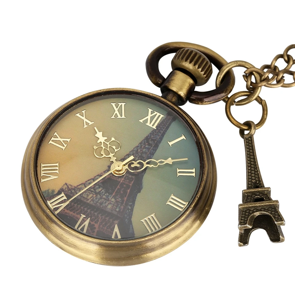 Fashion Bronze France Eiffel Tower Paris Necklace Jewelry Quartz Pocket Watch Gifts for Men Women with  Eiffel Tower Accessory