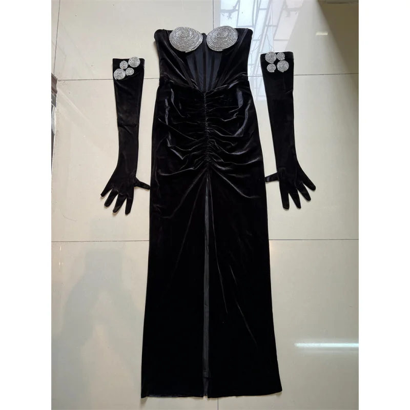 Abito da festa da socialite con spacco nero trasparente senza spalline sexy con strass lucidi di nuovo arrivo