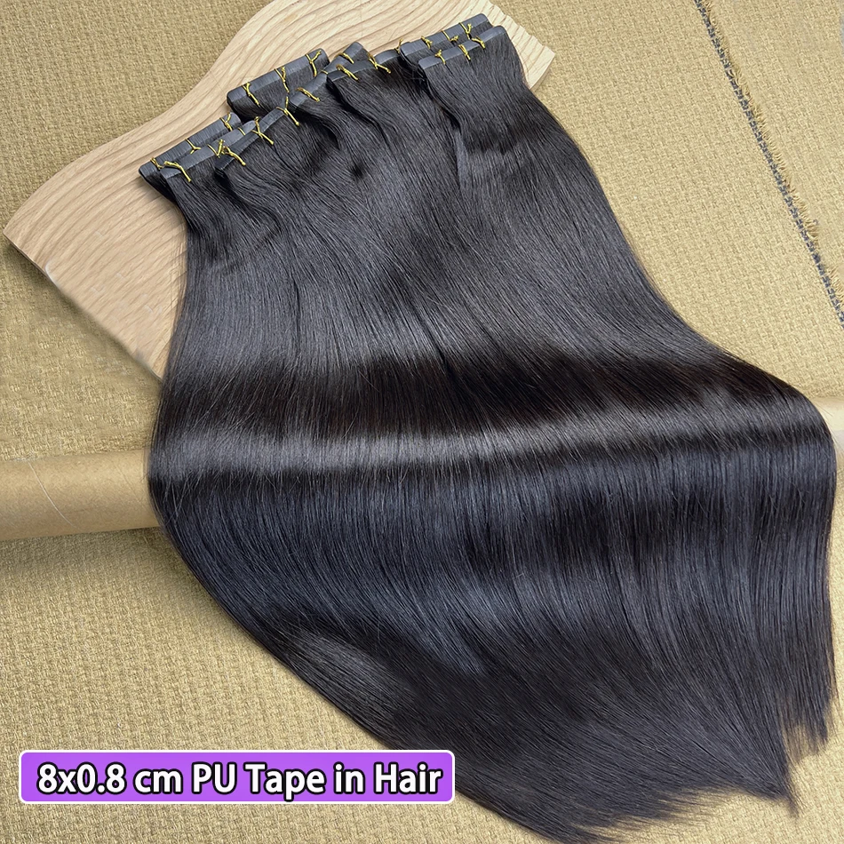 شريط بولي يوريثان مستقيم في وصلات الشعر حقن غير مرئي سلس من جلد البولي يوريثان مواد لاصقة مربوطة يدويًا 4x0.8 8x0.8 سم 100% شعر بشري