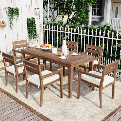 ！@7-Piece Acacia Wood Modern Outdoor Dining Set with Cushions 6 Chairs & 1 Large Table-Eco-Friendly Portable & Foldable