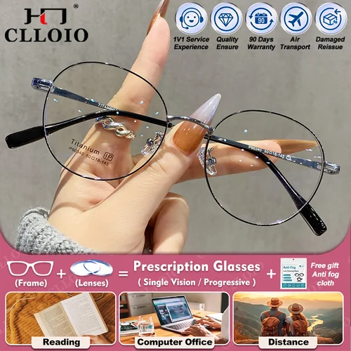 CLLOIO, gafas con montura óptica redonda de titanio, gafas de lectura graduadas para mujer, gafas para miopía personalizadas con rayos azules a la moda