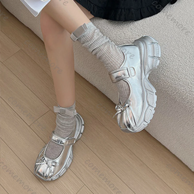 Comemore أحذية نسائية أسود فضي منصة ماري جينس أحذية رياضية 2026 ربيع الخريف جديد Bowknot كعب مكتنز سميكة سوليد المتسكعون #5