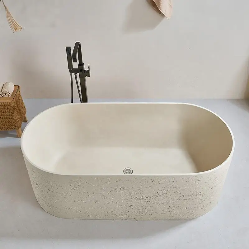 Japanese Wabi Sabi Style Artificial Stone Freestanding Soaking Bathtub - Artistic Cave Design for Bathroom